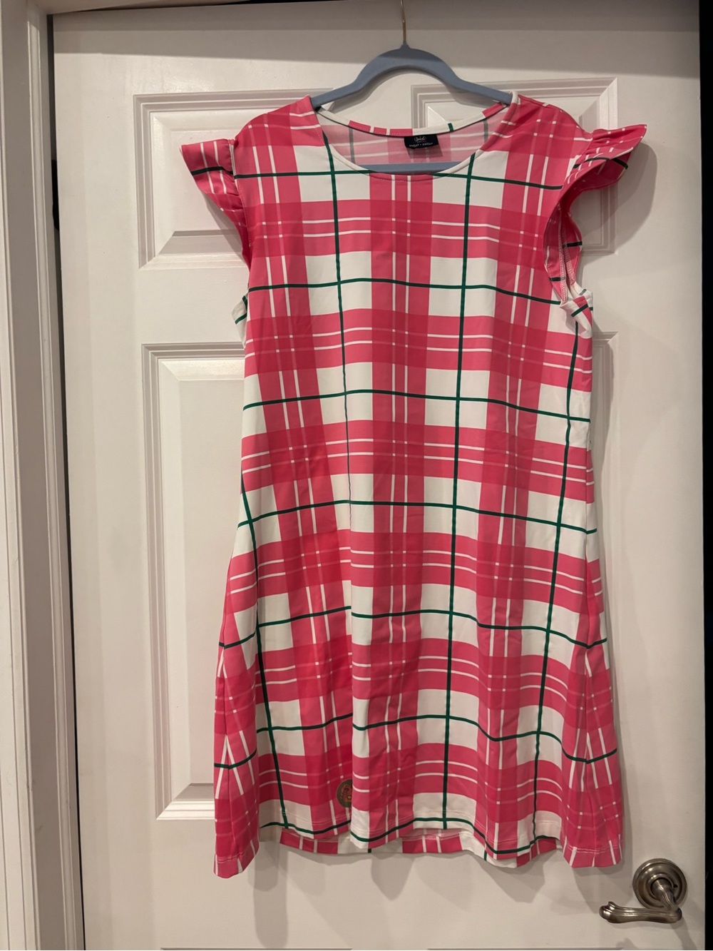 Women Sailor Sailor Pink Plaid A-Line Dress with Flutter Cap Sleeves